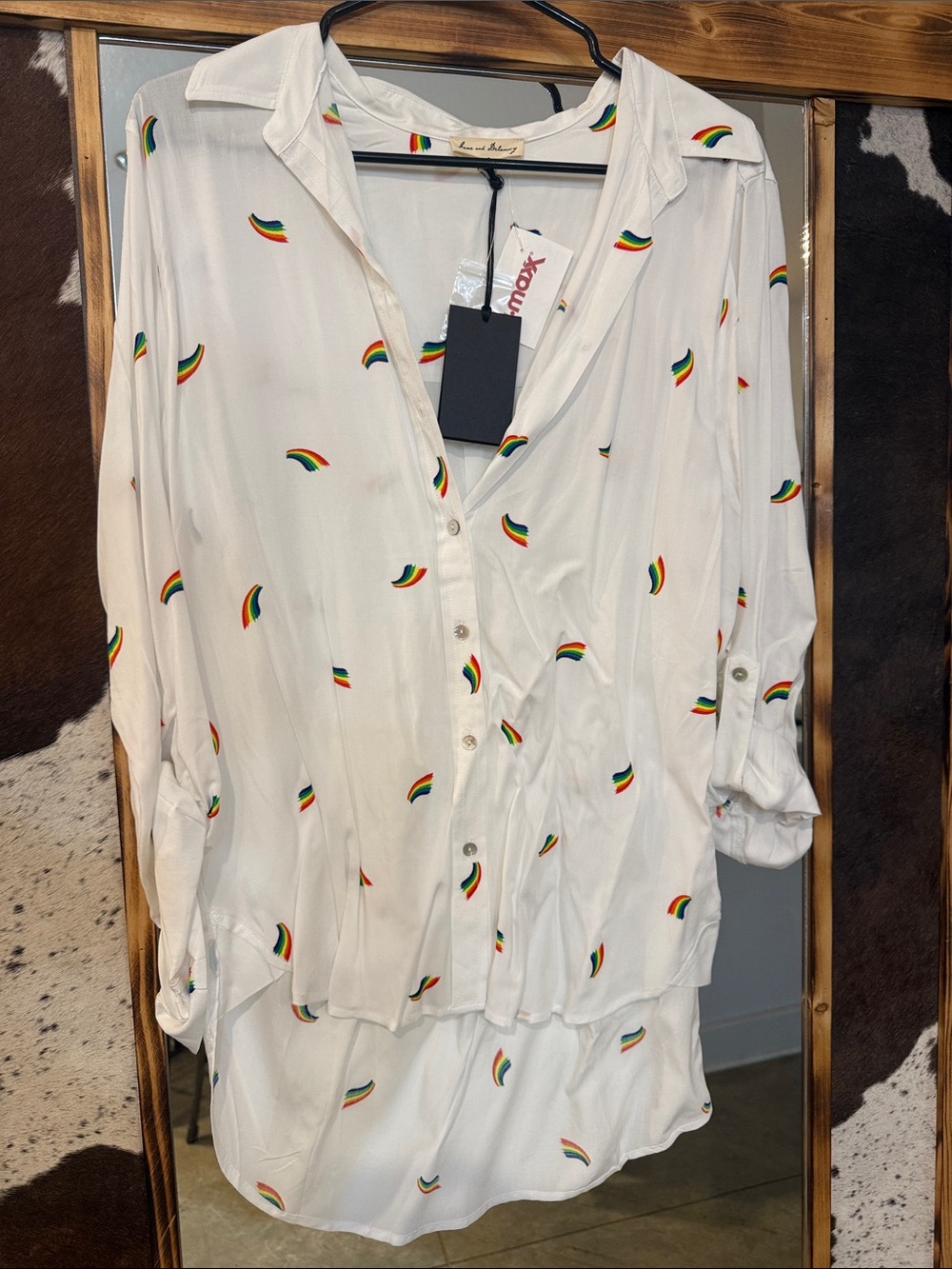 Jane and Delancey White Button-Down Shirt with Rainbow Motif